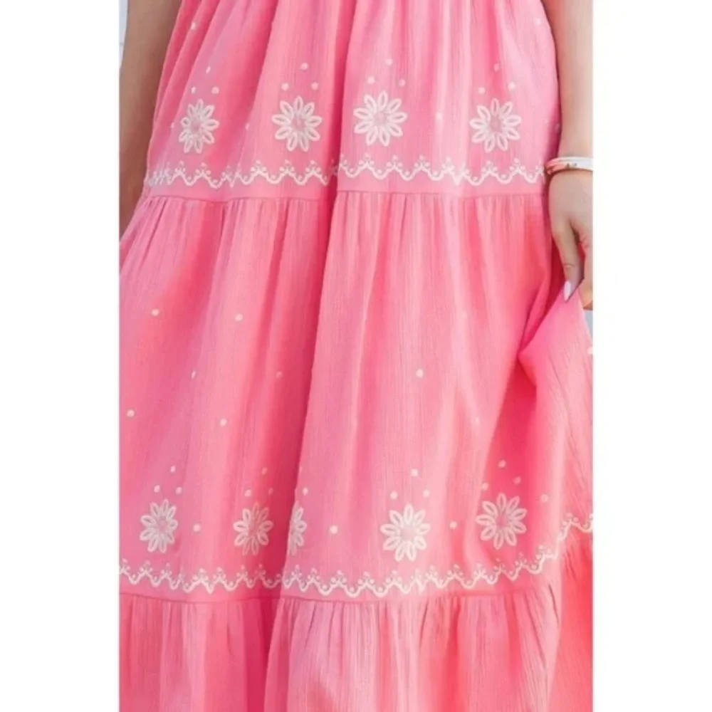 Rose Embroidered Floral Smocked Waist Gauze Summer Casual Halter Maxi Dress - Picture 5 of 5